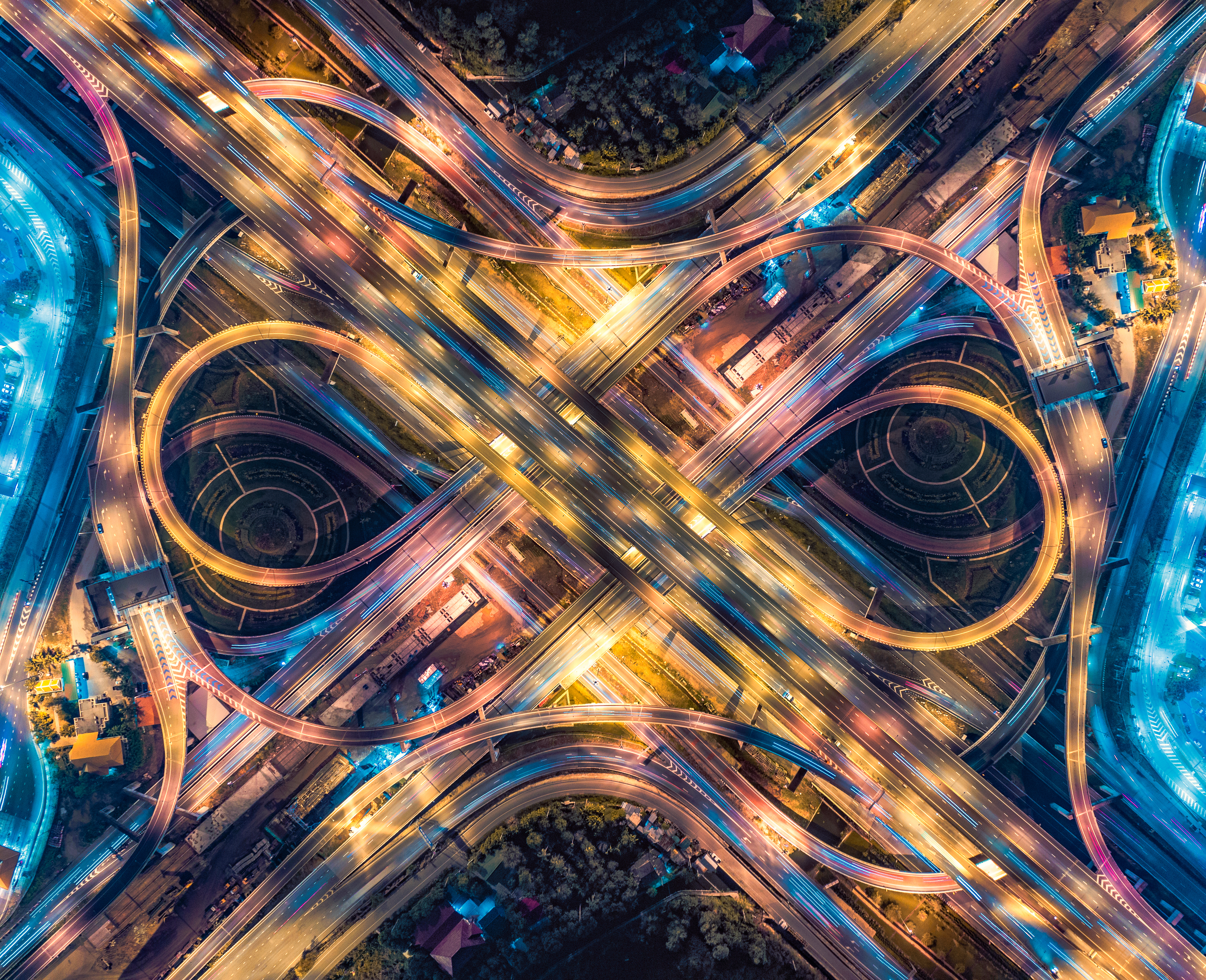 Ariel view of highway intersection with busy traffic