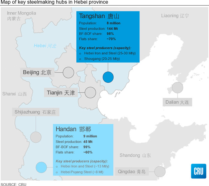 Map of key steelmaking hubs in Hebei province